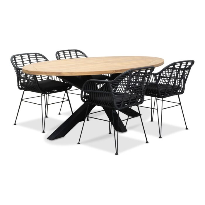 LUX outdoor living Cleve/Napels dining tuinset | 4 personen | teakhout + wicker | 200cm ovaal – Zwart