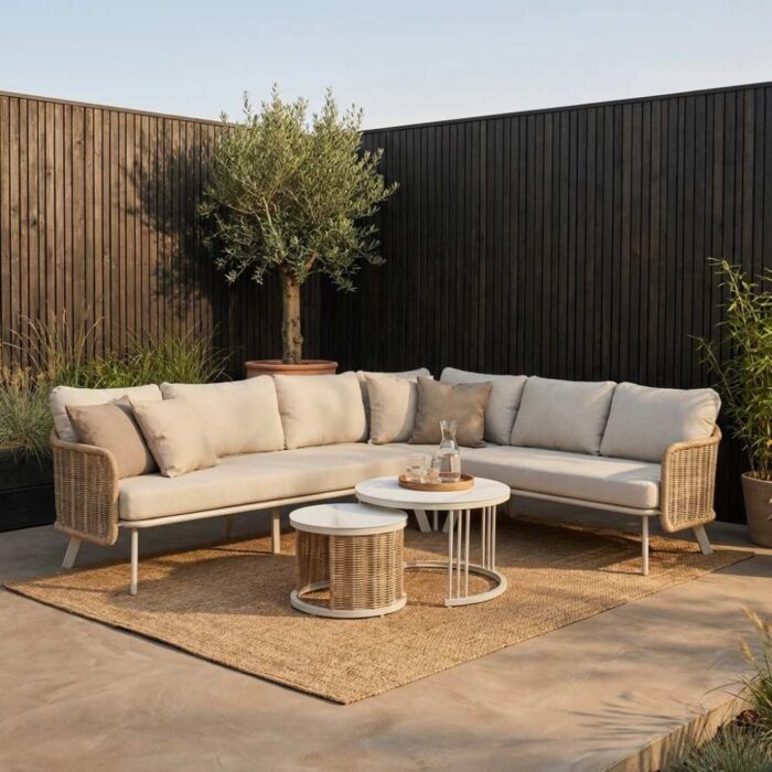 BUITEN living Bologna hoek loungeset 6 personen | wicker + aluminium | beige | 5-delig 272x214cm