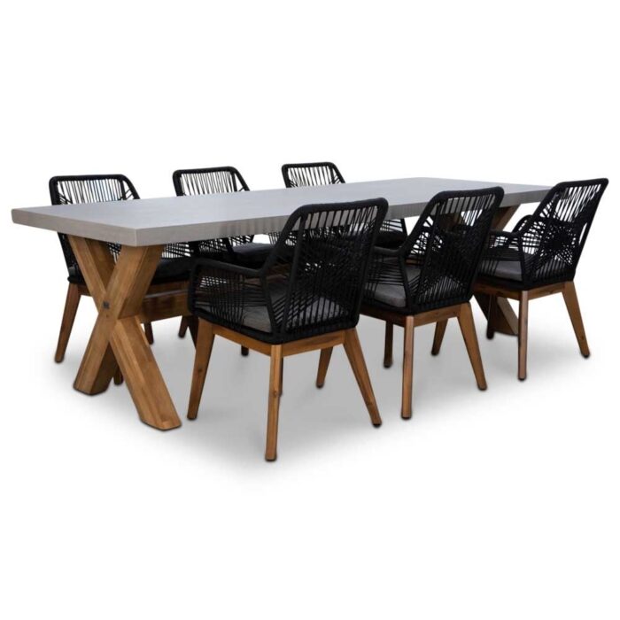 BUITEN living Norwich/Seville hout dining tuinset | 6 personen | betonlook + touw | 250cm