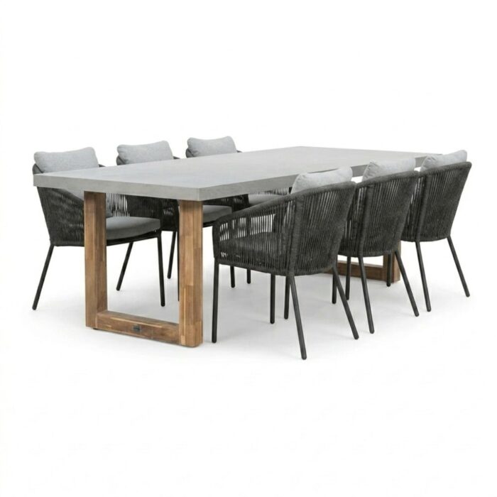 BUITEN living Lausanne/Lexis Stone Grey dining tuinset | 6 personen | polystone + touw | 250cm – Betonlook