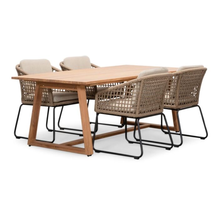 BUITEN living Gotenburg/Tulum Sahara Dust dining tuinset | 4 personen | teakhout + touw | 200cm – Zand