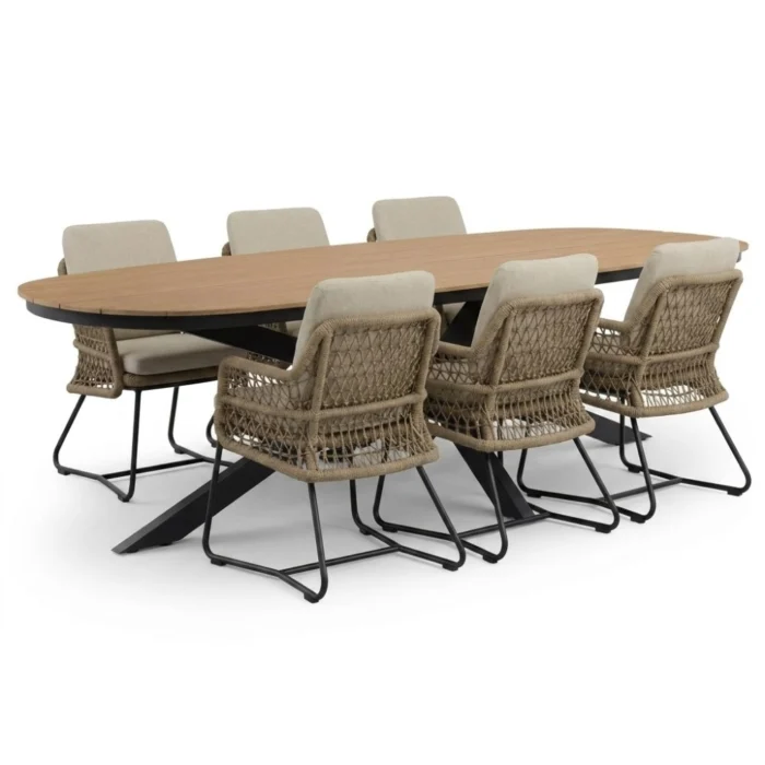 LUX outdoor living Texas/Gianna Sahara Dust dining tuinset | 6 personen | polywood + touw | 260cm - Taupe - Naturel - Bruin, Beige
