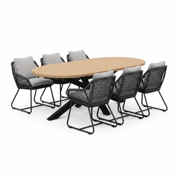 LUX outdoor living Cleve/Portofino Stone Grey dining tuinset | 6 personen | teakhout + touw | 240cm ovaal – Natural Teak
