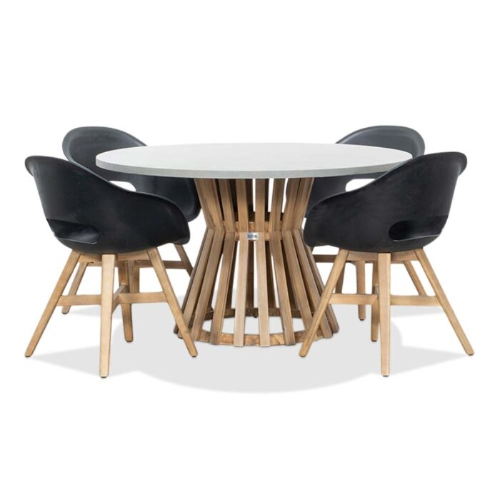 BUITEN living Elzas/Karlstad zwart dining tuinset | 4 personen | betonlook + hardhout | 135cm rond – Light Teak, Betonlook, Zwart