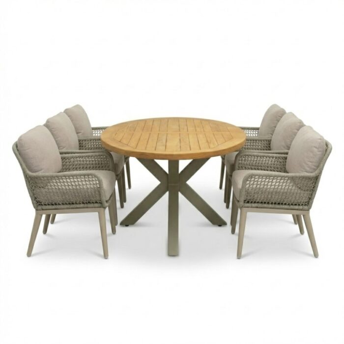 LUX outdoor living Cleve beige/Mila beige low dining tuinset | 6 personen | teakhout + touw | 240cm ovaal