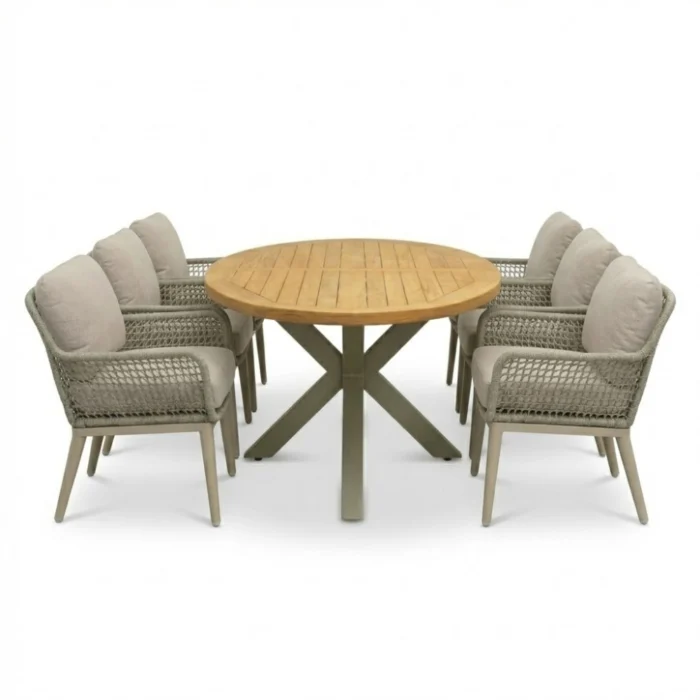 LUX outdoor living Cleve beige/Mila beige low dining tuinset | 6 personen | teakhout + touw | 240cm ovaal
