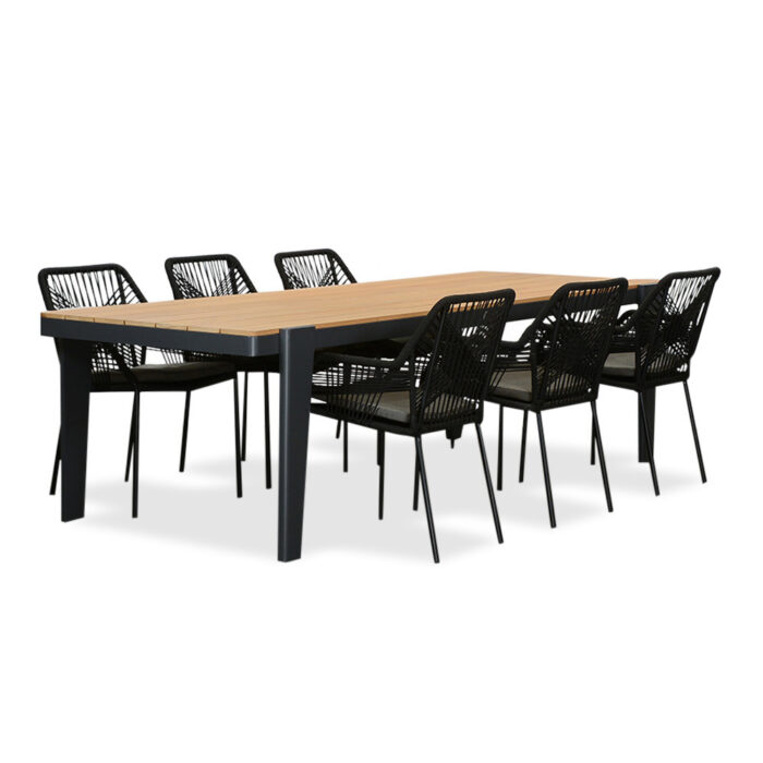 LUX outdoor living Vigo/Seville zwart dining tuinset | 6 personen | teakhout + touw | 260cm – Grijs