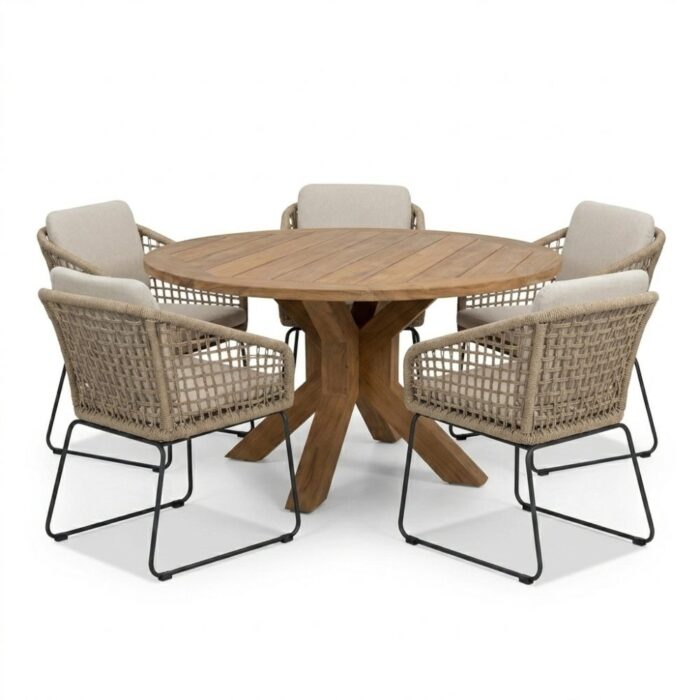 BUITEN living Genua/Tulum Sahara Dust dining tuinset | 5 personen | teakhout + touw | 140cm – Natural Teak
