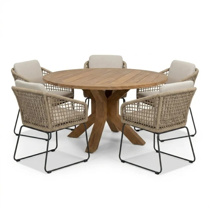 BUITEN living Genua/Tulum Sahara Dust dining tuinset | 5 personen | teakhout + touw | 140cm - Natural Teak