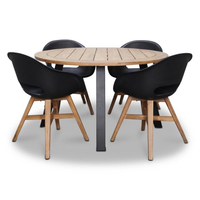 BUITEN living Cork/Karlstad zwart dining tuinset | 4 personen | hardhout + staal | 130cm rond
