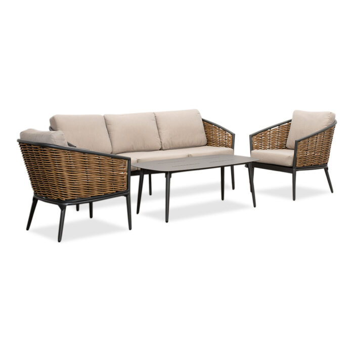 Denza Furniture Lucca stoel-bank loungeset 5 personen | wicker + aluminium | zand | 4-delig – Taupe – Naturel – Bruin, Wit