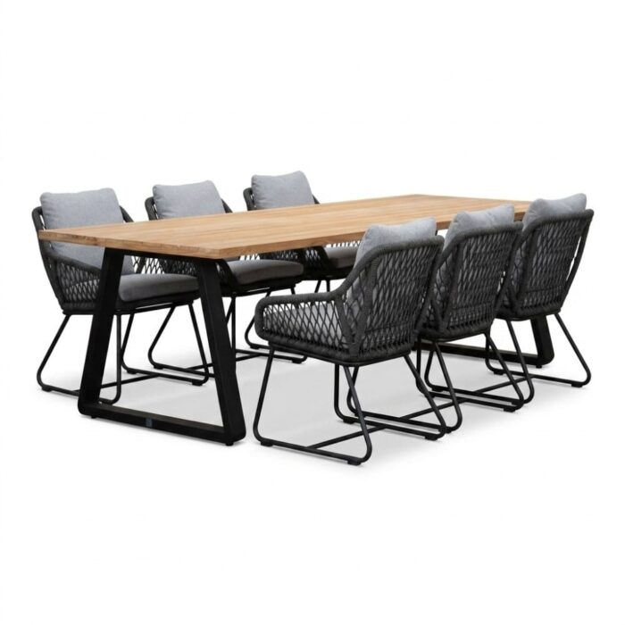 LUX outdoor living Elena/Portofino Stone Grey dining tuinset | 6 personen | teakhout + touw | 240cm – Natural Teak