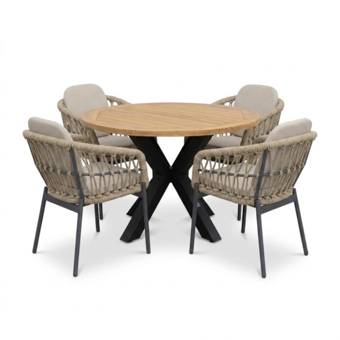 LUX outdoor living Cleve/Femke beige/antraciet dining tuinset | 4 personen | teakhout + touw | 120cm rond