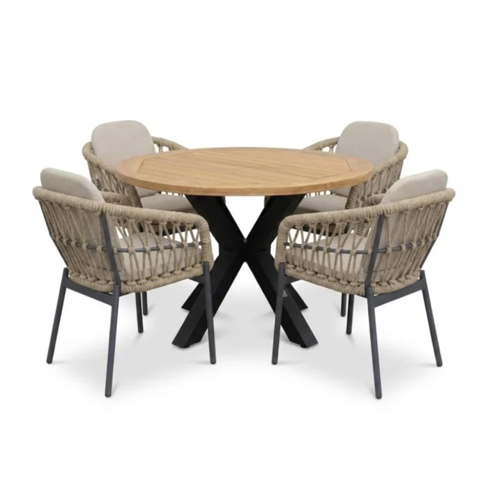 LUX outdoor living Cleve/Femke beige/antraciet dining tuinset | 4 personen | teakhout + touw | 120cm rond