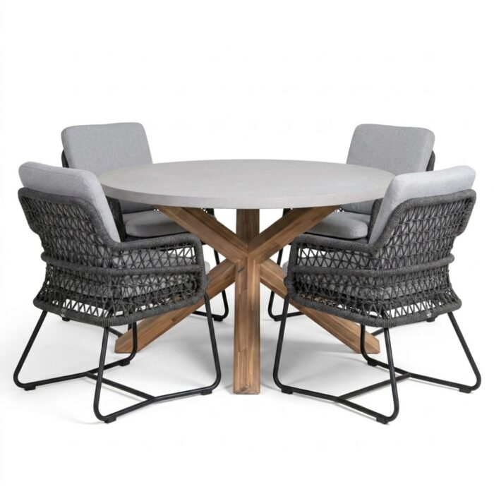 BUITEN living Nancy/Gianna Stone Grey dining tuinset | 4 personen | polystone + touw | Ø135cm rond – Grijs