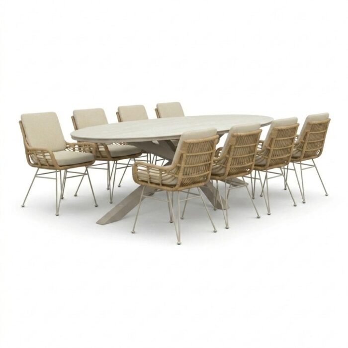 LUX outdoor living Calma/Carlos beige dining tuinset | 8 personen | sintered stone + wicker | 280cm ovaal