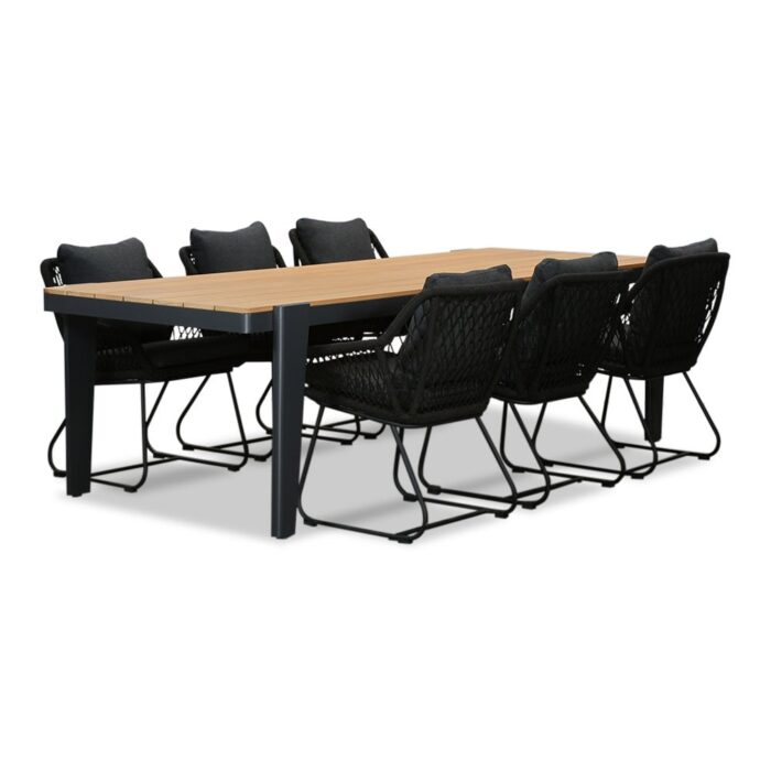 LUX outdoor living Vigo/Portofino zwart dining tuinset | 6 personen | teakhout + touw | 260cm