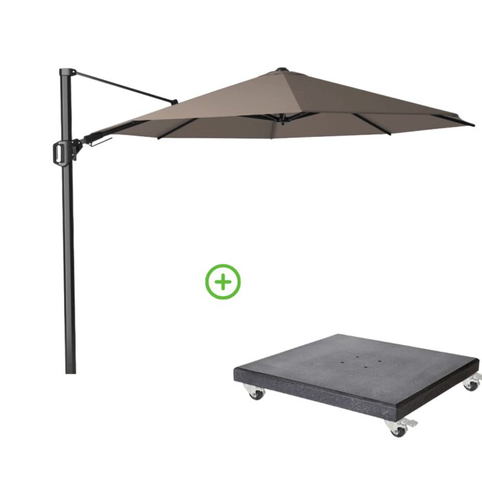 Platinum Challenger T² zweefparasol premium doek | Ø350cm rond met Modena parasolvoet 120kg | Havana – Taupe – Naturel – Bruin