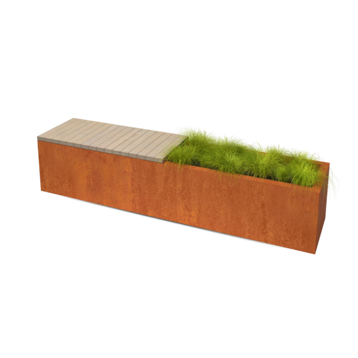 Geroba Florisa Rechthoekige cortenstaal plantenbak met Padouk zitbank L200 x B40 x H42 cm I – bruin