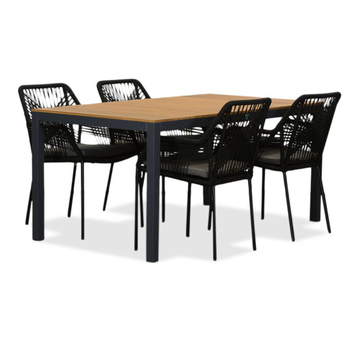 LUX outdoor living Delta/Seville zwart dining tuinset | 4 personen | teakhout + touw | 160cm – Grijs