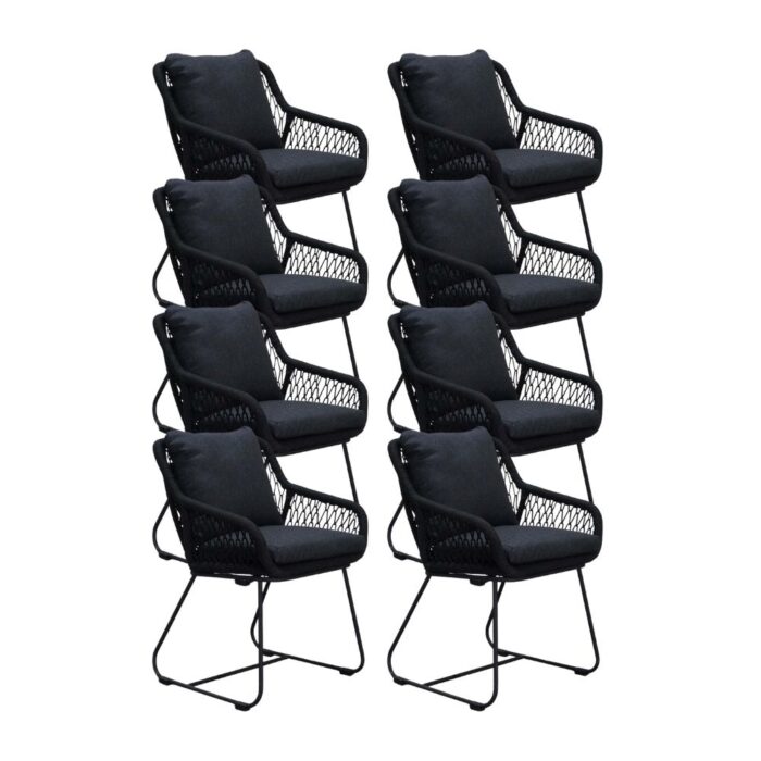 BUITEN living Portofino dining tuinstoel set van 8 | touw + RVS | zwart
