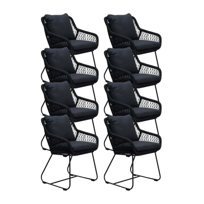 BUITEN living Portofino dining tuinstoel set van 8 | touw + RVS | zwart