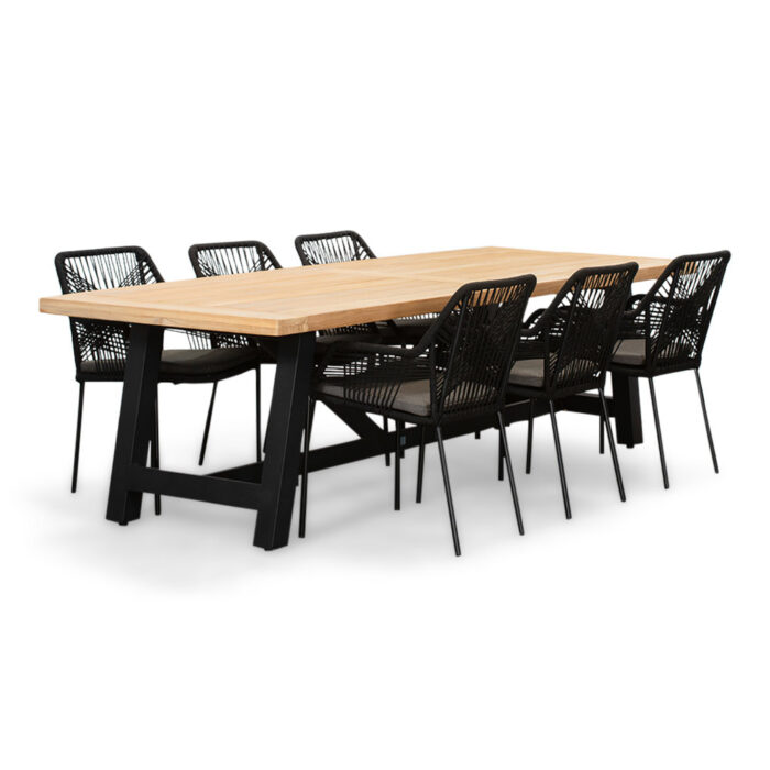 LUX outdoor living James/Seville zwart dining tuinset | 6 personen | teakhout + touw | 260cm – Grijs