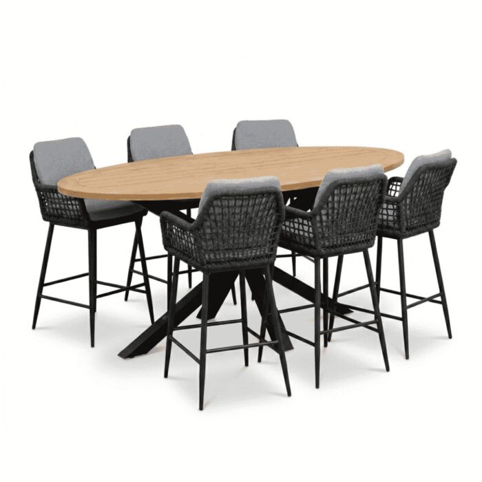 LUX outdoor living Cleve antraciet/Valencia Stone Grey dining barset | 6 personen | teakhout + touw | 240cm