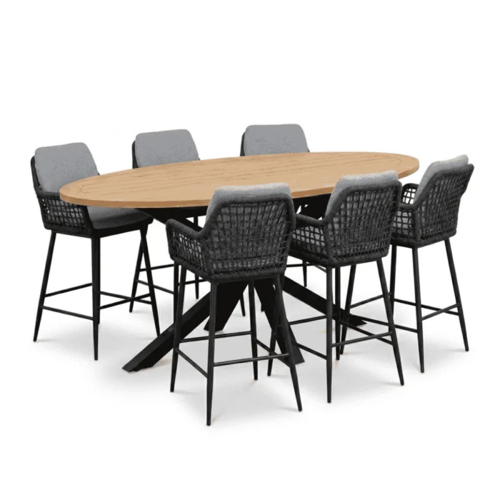 LUX outdoor living Cleve antraciet/Valencia Stone Grey dining barset | 6 personen | teakhout + touw | 240cm