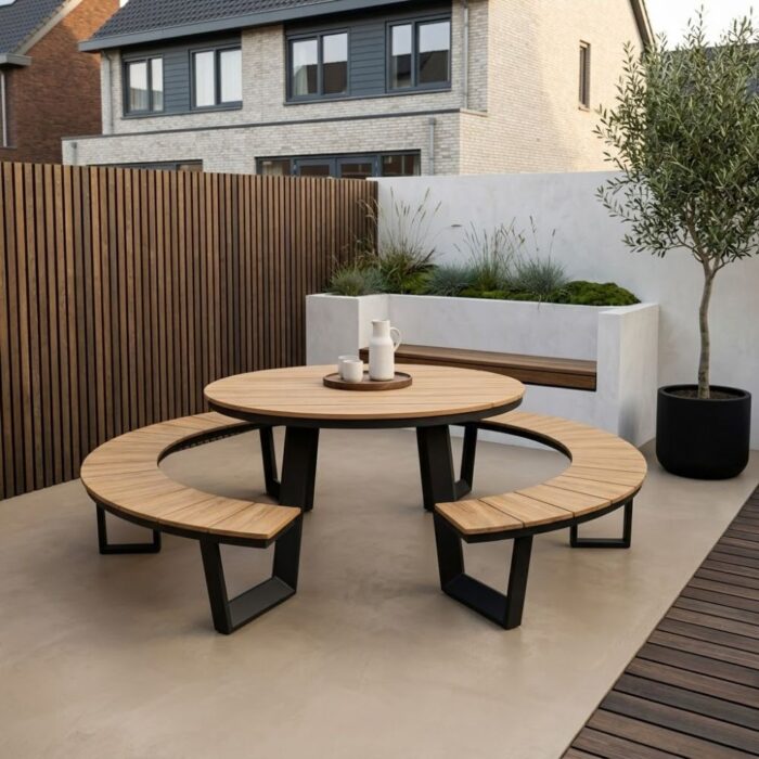 LUX outdoor living Auckland picknick dining tuinset | aluminium + polywood | Natural Wood/antraciet | 239cm rond – Zwart