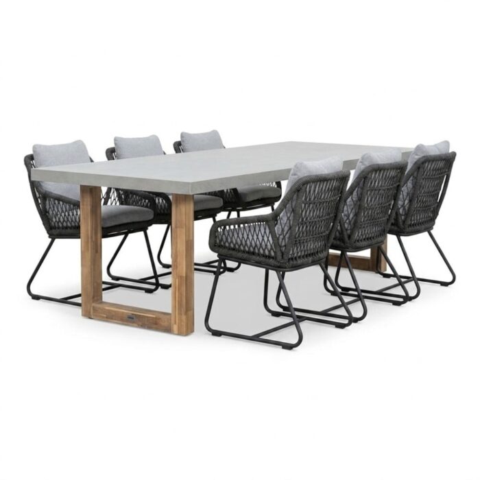 BUITEN living Lausanne/Portofino Stone Grey dining tuinset | 6 personen | polystone + touw | 250cm – Betonlook