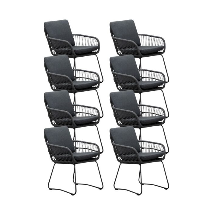 BUITEN living Harper dining tuinstoel set van 8 | touw + rvs | Lava Grey – Antraciet