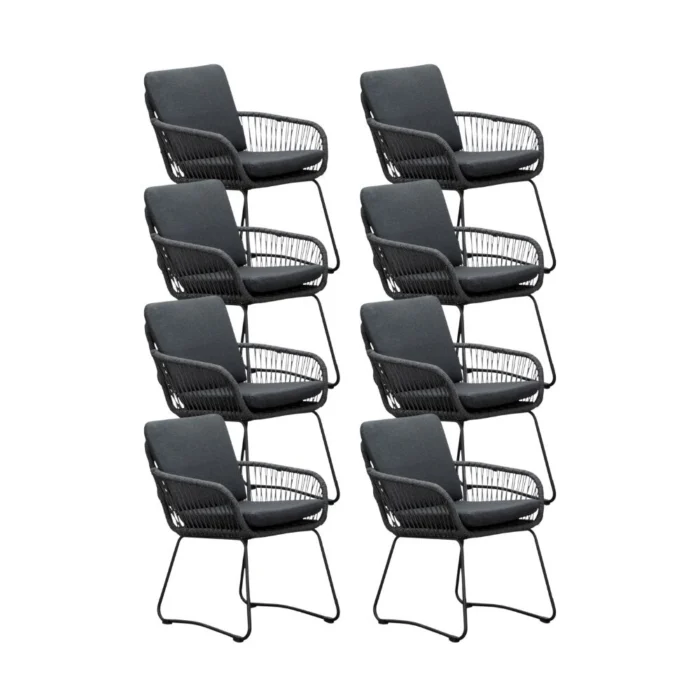 BUITEN living Harper dining tuinstoel set van 8 | touw + rvs | Lava Grey - Antraciet