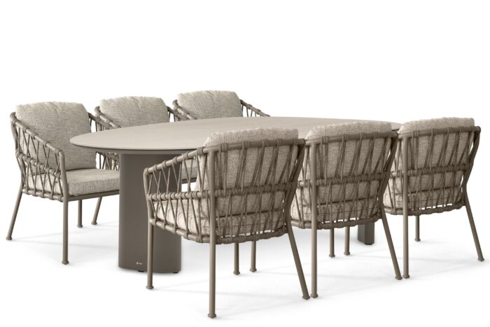 Santika Furniture Miyora/Weave 240×120 cm dining tuinset 7-delig – Taupe-naturel-bruin
