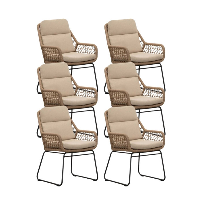 BUITEN living Valencia dining tuinstoel set van 6 | touw + aluminium | Sahara Dust – Zand