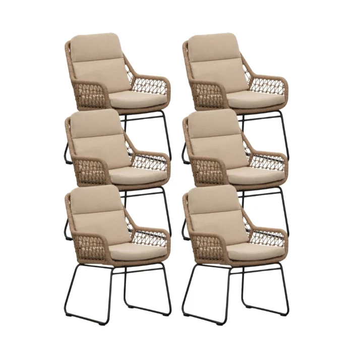 BUITEN living Valencia dining tuinstoel set van 6 | touw + aluminium | Sahara Dust - Zand