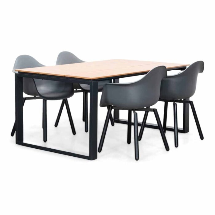 LUX outdoor living Helsinki Natural/Montreux dining tuinset | 4 personen | polywood + kunststof | 160cm – Light Teak, Zwart, Antraciet