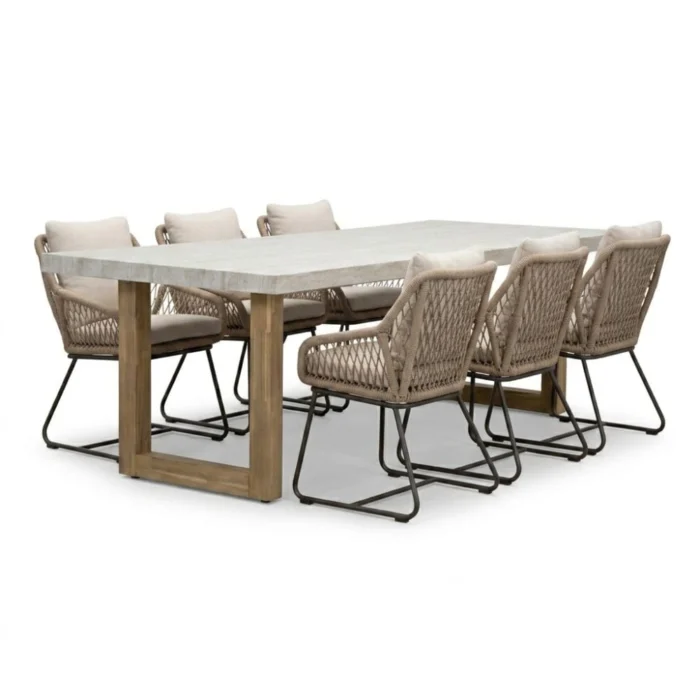 BUITEN living Laurenne/Portofino Sahara Dust dining tuinset | 6 personen | polystone + touw | 250cm - Travertin