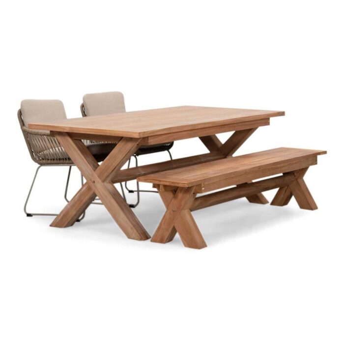BUITEN living Riga/Harper Sandstone stoel-bank dining tuinset | 4 personen | hardhout + touw | 200cm – Zand