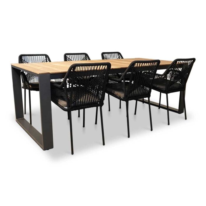LUX outdoor living Atlanta/Seville zwart dining tuinset | 6 personen | teakhout + touw | 218cm – Zwart, Natural Teak