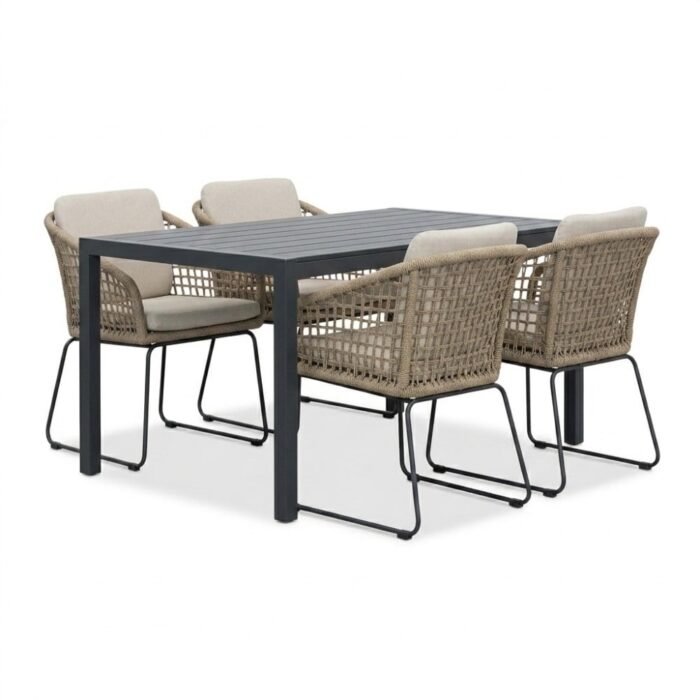 LUX outdoor living Manchester zwart/Tulum Sahara Dust dining tuinset | 4 personen | polywood + touw | 150cm
