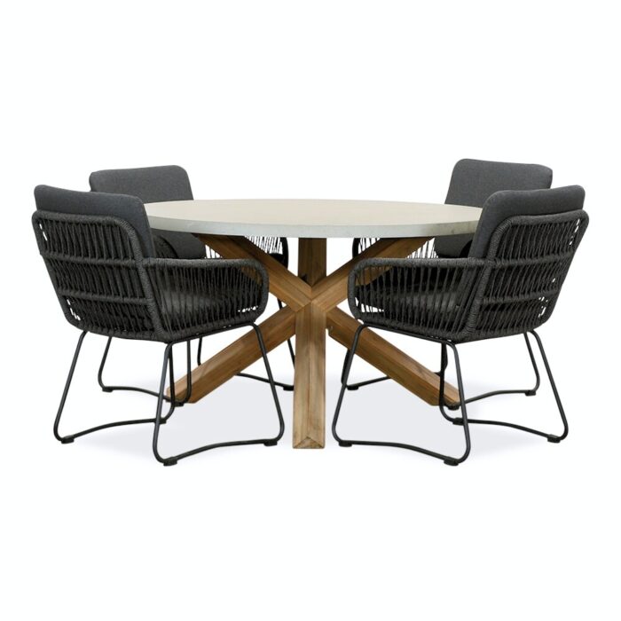 BUITEN living Nancy/Harper Lava Grey dining tuinset | 4 personen | betonlook + touw | 135cm rond – Grijs