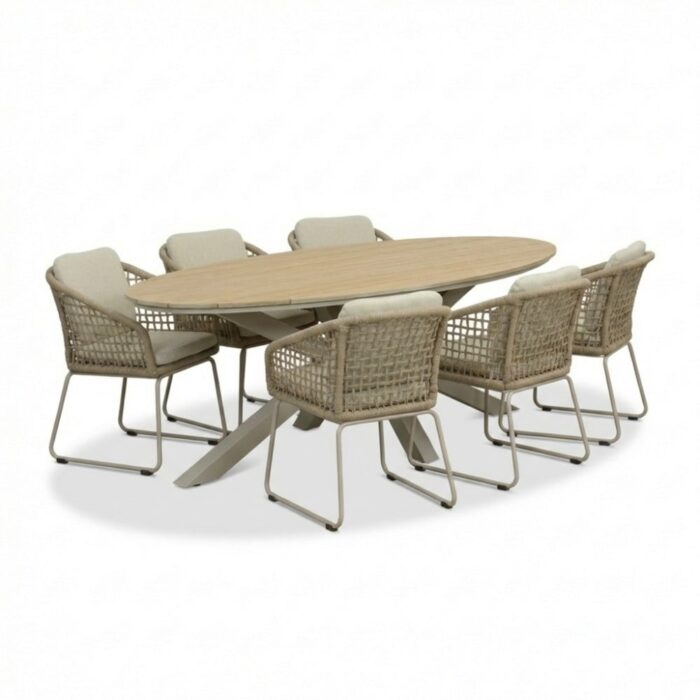 LUX outdoor living Dallas/Tulum Sandstone dining tuinset | 6 personen | polywood + touw | 220cm