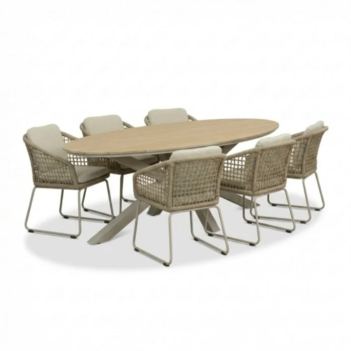LUX outdoor living Dallas/Tulum Sandstone dining tuinset | 6 personen | polywood + touw | 220cm