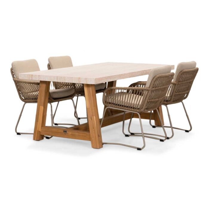 BUITEN living Velora/Harper Sandstone dining tuinset | 4 personen | travertin + touw | 200cm – Zand