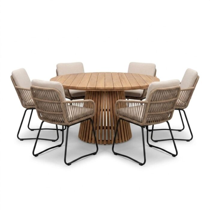 BUITEN living Palau/Harper Sahara Dust dining tuinset | 6 personen | teakhout + touw | Ø140cm – Natural Teak