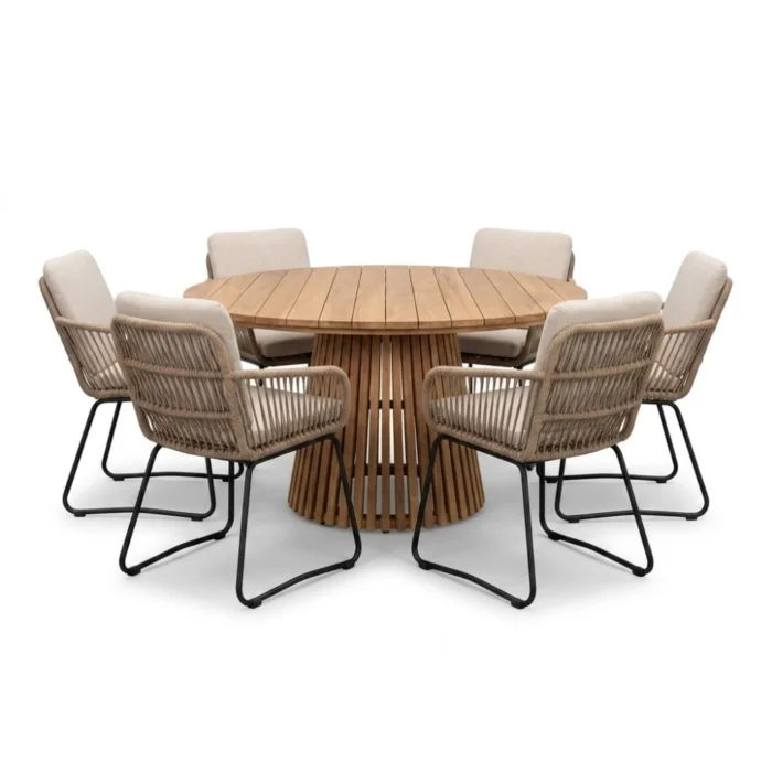 BUITEN living Palau/Harper Sahara Dust dining tuinset | 6 personen | teakhout + touw | Ø140cm - Natural Teak