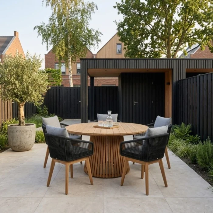 BUITEN living Palau/Bella zwart dining tuinset | 5 personen | teakhout + touw | Ø140cm rond