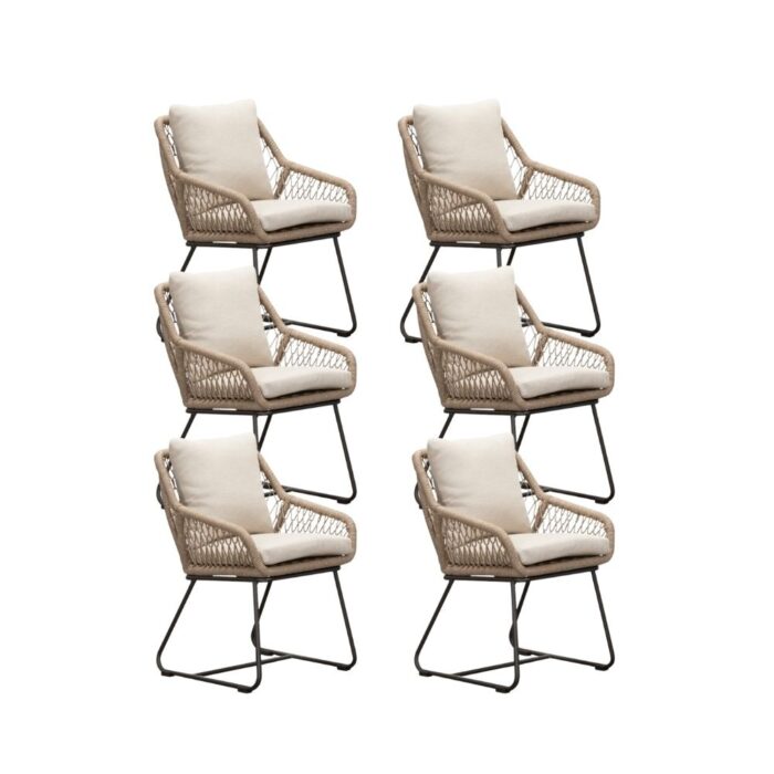 BUITEN living Portofino dining tuinstoel set van 6 | touw + aluminium | Sahara Dust – Zand