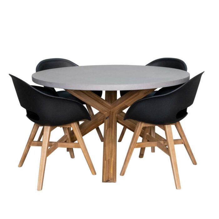 BUITEN living Nancy/Karlstad zwart dining tuinset | 4 personen | betonlook + kunststof | 135cm rond – Zwart, Grijs